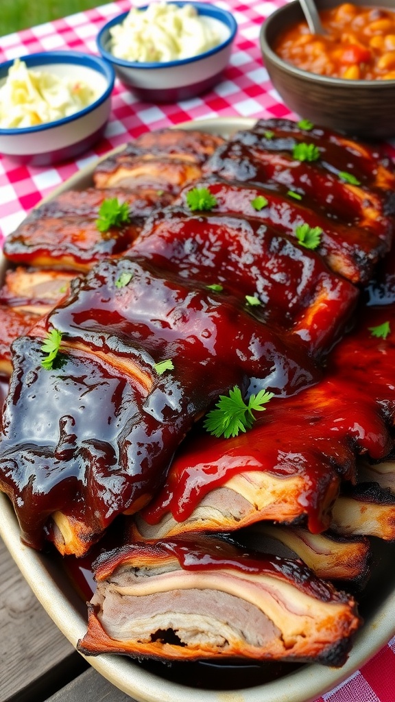 Delicious barbecue ribs on a platter, garnished with parsley, ready for serving at a classic barbecue gathering.